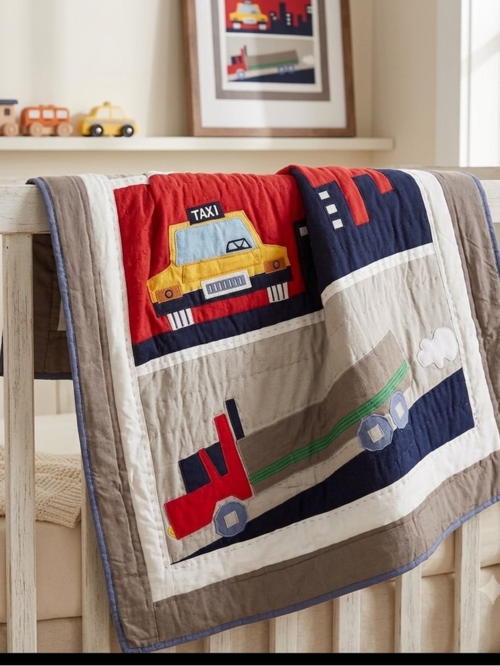 Beep, Honk, Chug!Embroidery Baby/Toddler Cotton Crib Quilt Hand Stitched